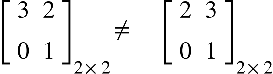 <math xmlns="http://www.w3.org/1998/Math/MathML"><msub><mfenced open="[" close="]"><mtable><mtr><mtd><mn>3</mn></mtd><mtd><mn>2</mn></mtd></mtr><mtr><mtd><mn>0</mn></mtd><mtd><mn>1</mn></mtd></mtr></mtable></mfenced><mrow><mn>2</mn><mo>&#xD7;</mo><mn>2</mn></mrow></msub><mo>&#x2260;</mo><mo>&#xA0;</mo><mo>&#xA0;</mo><mo>&#xA0;</mo><mo>&#xA0;</mo><msub><mfenced open="[" close="]"><mtable><mtr><mtd><mn>2</mn></mtd><mtd><mn>3</mn></mtd></mtr><mtr><mtd><mn>0</mn></mtd><mtd><mn>1</mn></mtd></mtr></mtable></mfenced><mrow><mn>2</mn><mo>&#xD7;</mo><mn>2</mn></mrow></msub></math>