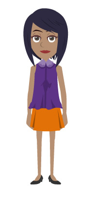 Maya is a female cartoon caricature of average height and weight. She has brown skin, brown shoulder length hair and brown eyes. Maya is wearing a purple sleeveless top, orange skirt, black flats.