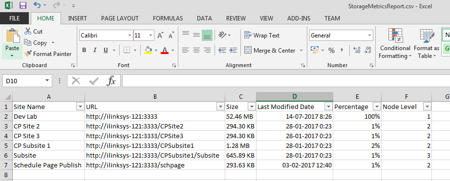 Excel sheel view of Storage Metrics