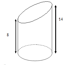 8: Cắt một khối trụ bởi một mặt phẳng ta được một khối (left( H right))<em> </em>như hình vẽ bên. Biết rằng thiết diện là một hình elip có độ dài trục lớn bằng 8, khoảng cách từ điểm thuộc thiết diện gần mặt đáy nhất và điểm thuộc thiết diện xa mặt đáy nhất tới mặt đáy lần lượt là 8 và 14 (xem hình vẽ).Tính thể tích của (left( H right))<em>.</em></p> 2