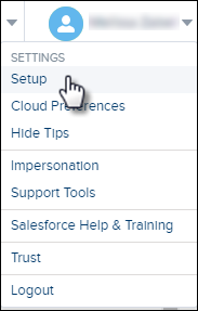 The Marketing Cloud Settings menu with a mouse pointer on Setup.