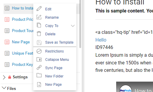 Right-click Menu of a Page
