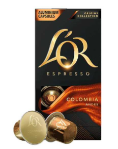 Cápsula de Café Espresso Colômbia L'or, embalagem preta com detalhes em laranja escuro