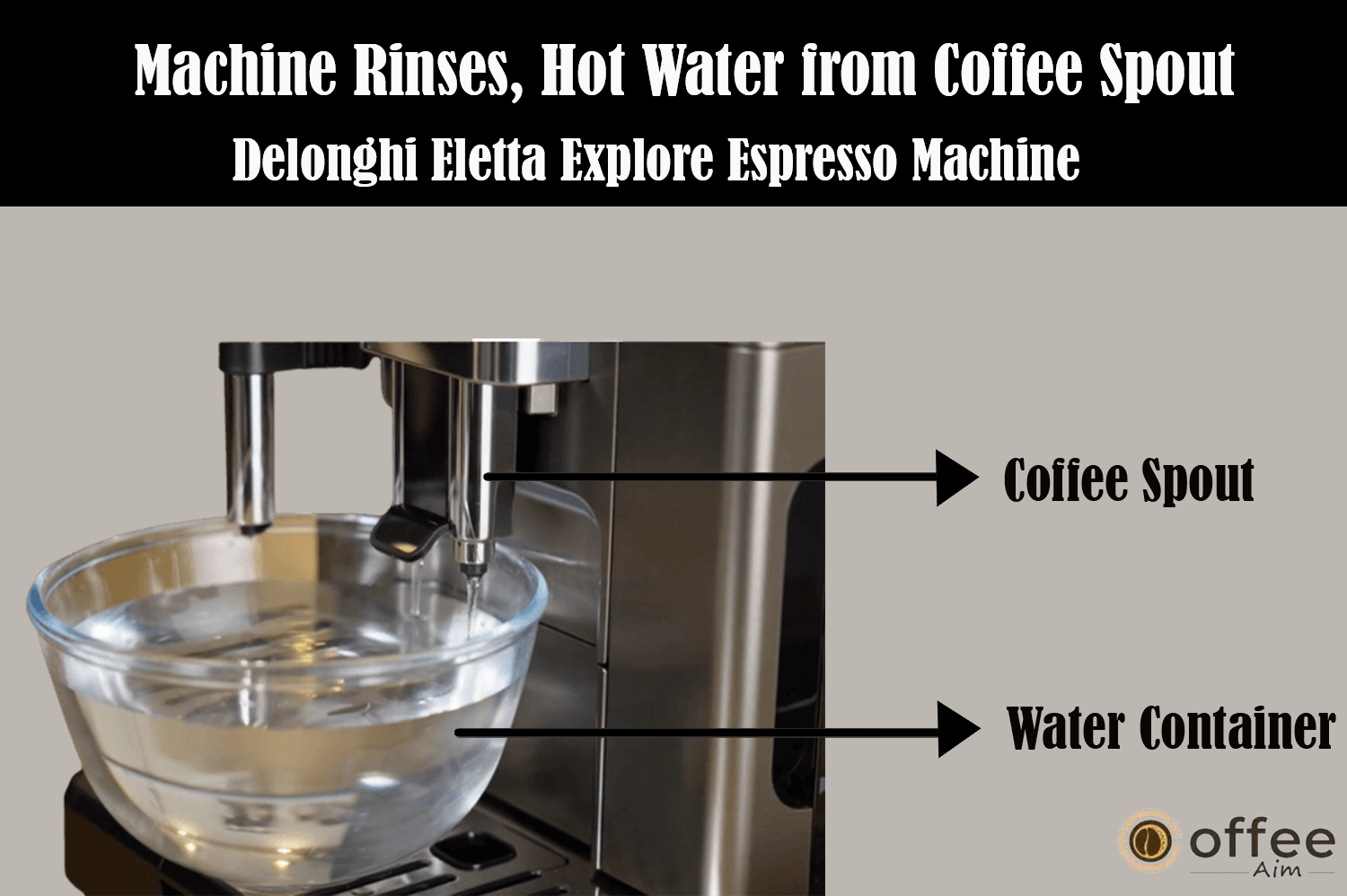 This image illustrates that after the brewing process, the De'Longhi Eletta Explore Espresso Machine will initiate a rinse cycle, dispensing hot water from its coffee spouts, as detailed in the article 'How to Use the De'Longhi Eletta Explore Espresso Machine'."