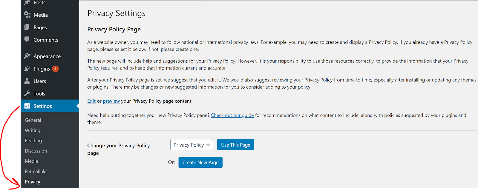Privacy Policy setting on WordPress