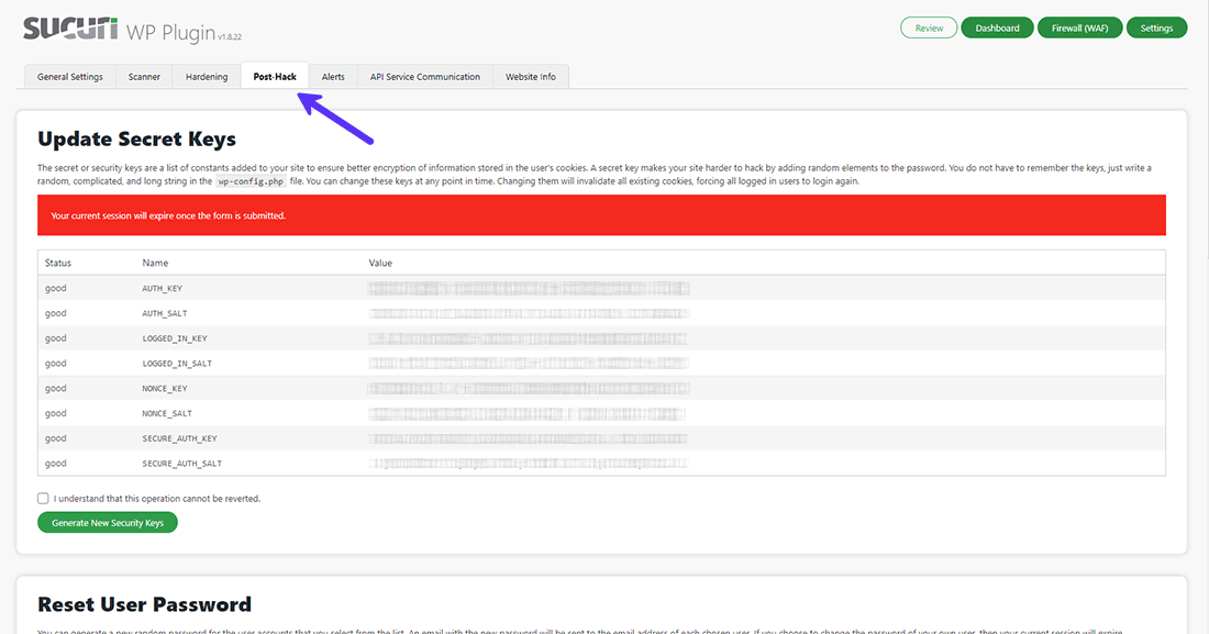 Sucuri security post hack settings panel