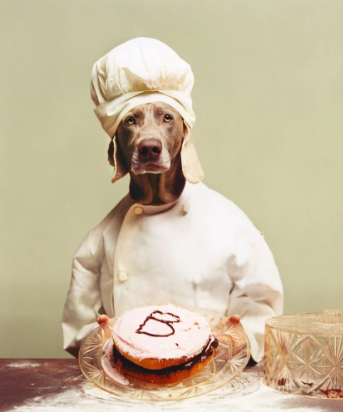 A dog wearing a chef hat and holding a cake

Description automatically generated with low confidence