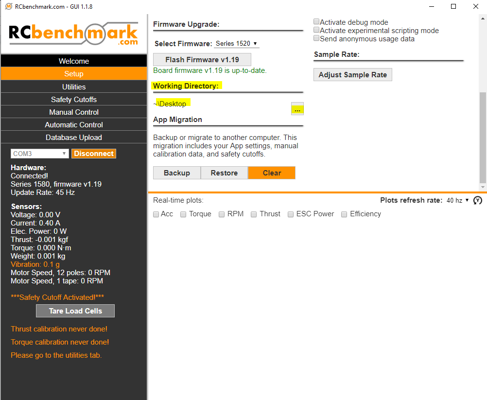 RCbenchmark software working directory