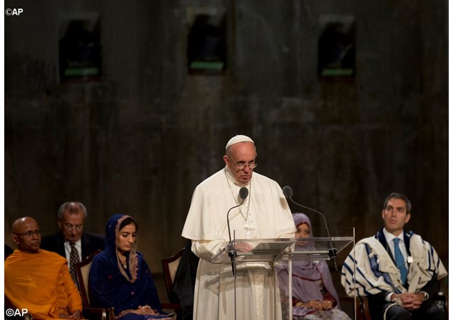 Pope Francis delivers his speech after praying with members of different religions during an interfaith service at the Sept. 11 Memorial Museum at ground zero in New York, Friday Sept. 25, 2015 - AP