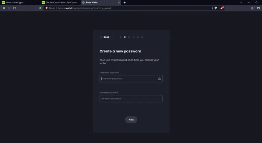 Man sieht einen Screenshot von BeInCrypto mit dem Brave Browser aufgerufen und dem Brave Wallet Anmeldungs-Interface auf der gleichnamigen Webseite- Ein Bild von BeInCrypto.com.