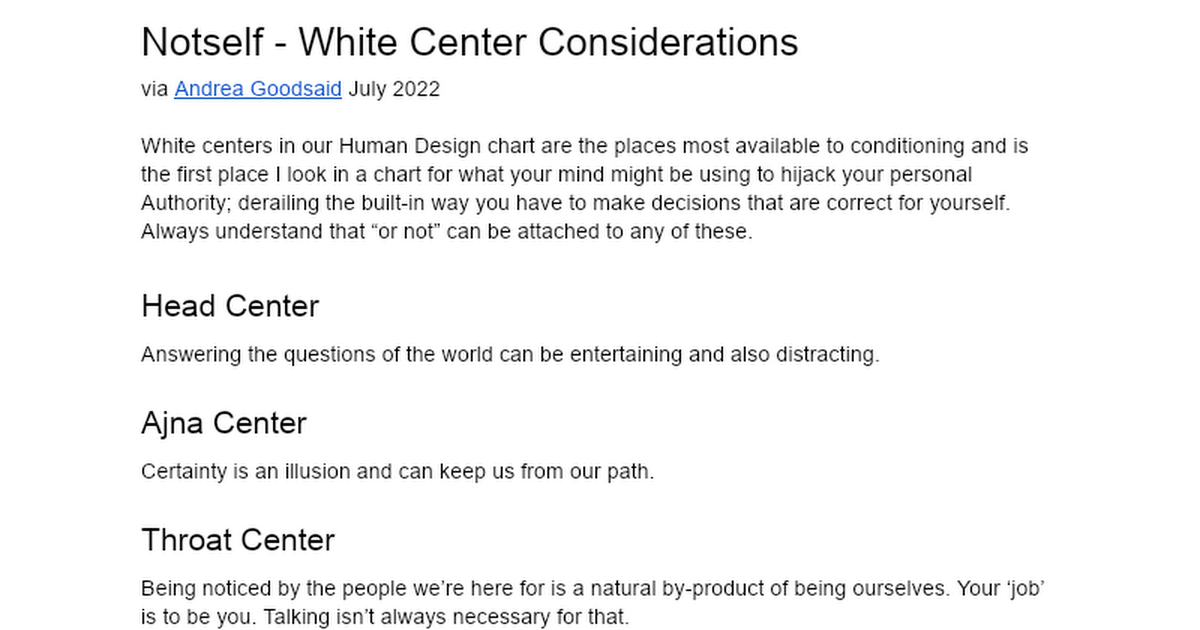 Notself - White Center Considerations