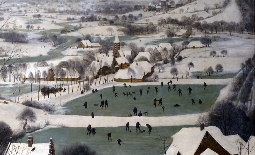 Ice-skating and other winter activities (detail), Pieter Bruegel the Elder, Hunters in the Snow (Winter) , 1565, oil on wood, 162 x 117 cm (Kunsthistorisches Museum, Vienna; photo: Steven Zucker, CC BY-NC-SA 2.0)