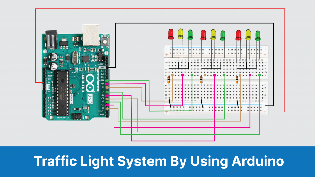 Connection diagram of traffic light signal using Arduino.