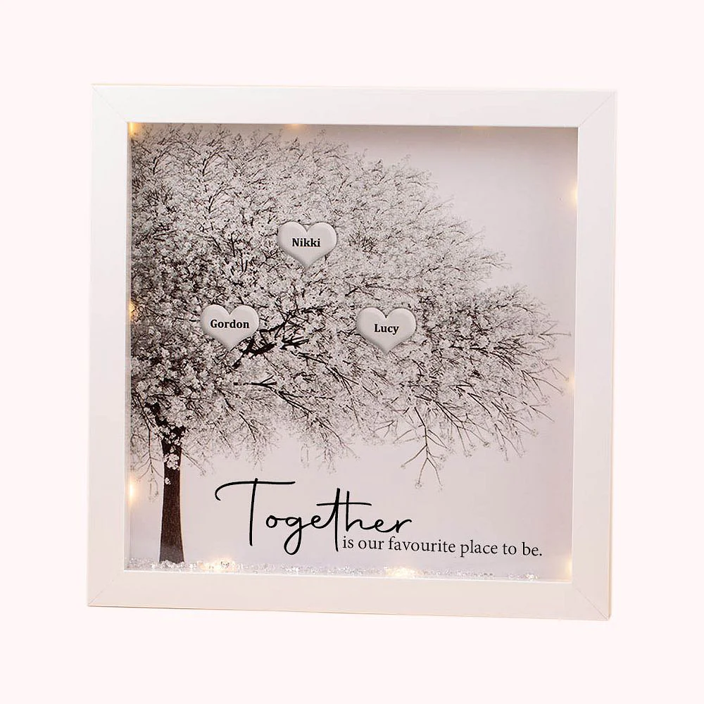 arbre généalogique personnalisé avec prénoms (Gordon, Nikki, Lucy) et phrase "Together is our favourite place to be”