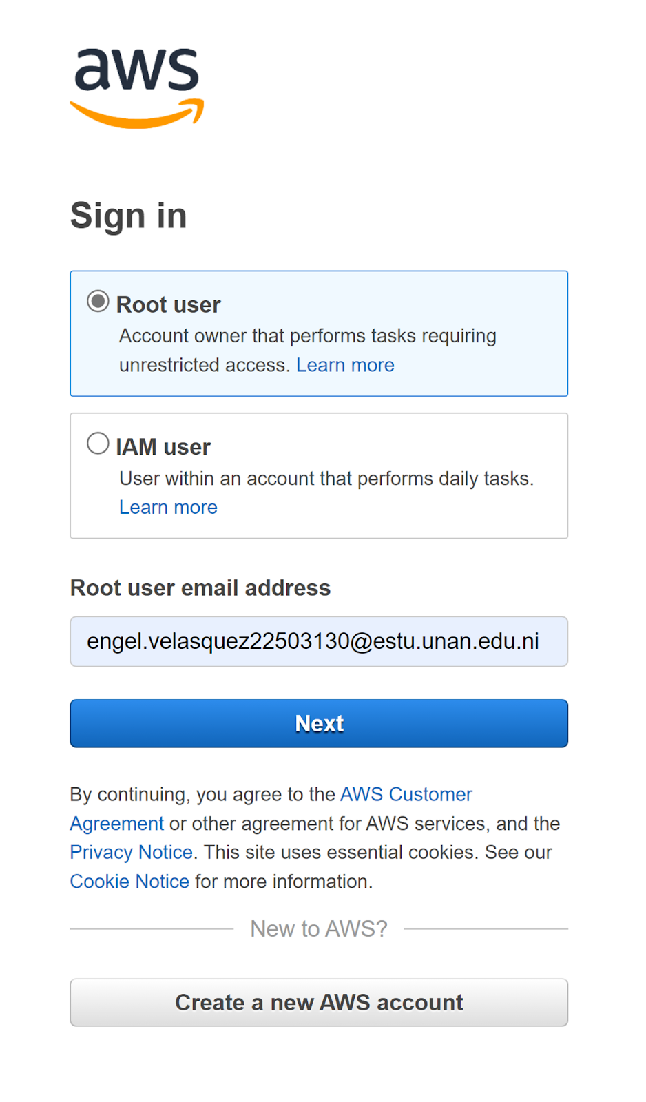 Provide the email address for your root account: