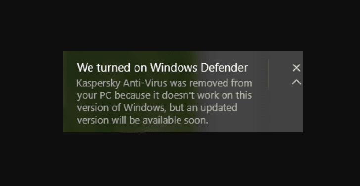 A Windows Defender notification about Kaspersky Anti-Virus protection