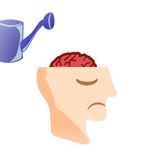 a watering can pouring hearts into a person's brain
