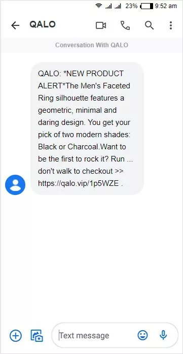 New product SMS notification example by QALO