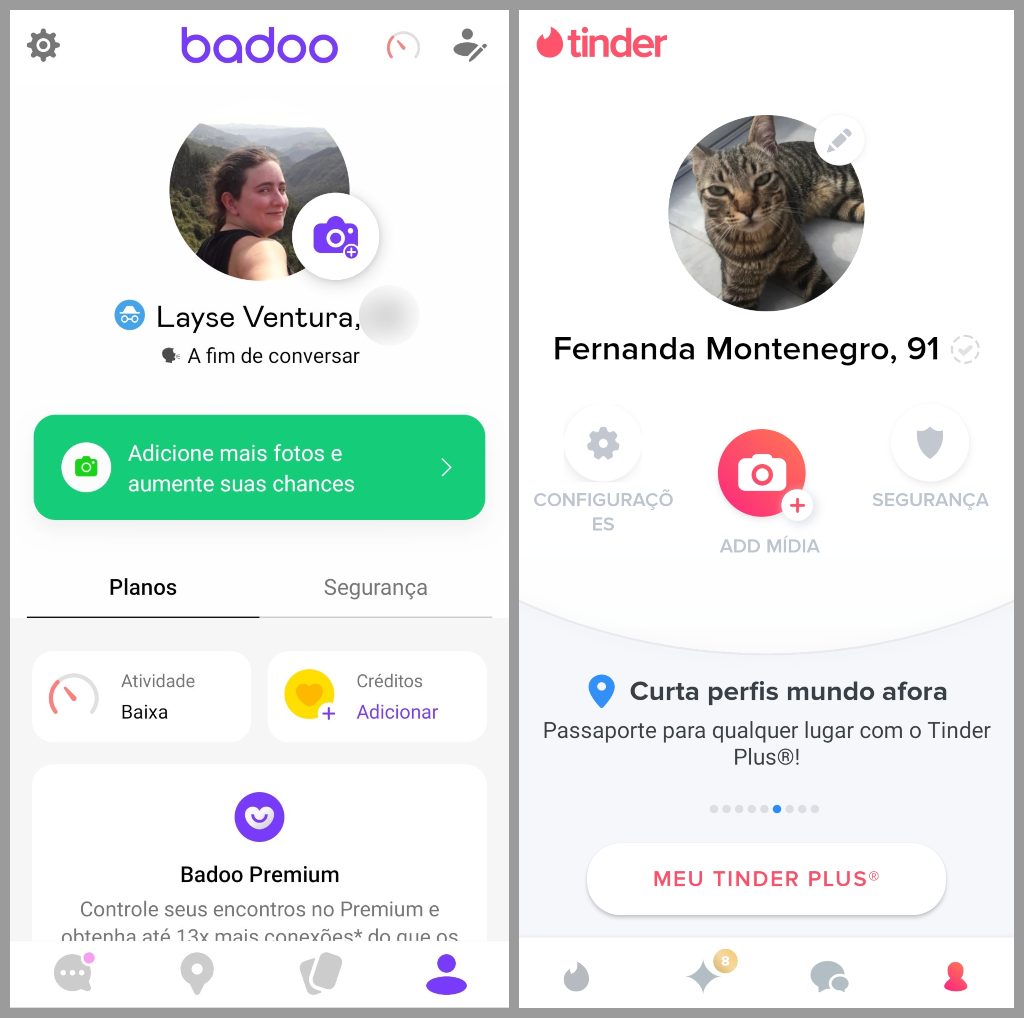 O menu do Badoo é mais intuitivo, porém o visual do Tinder mais clean