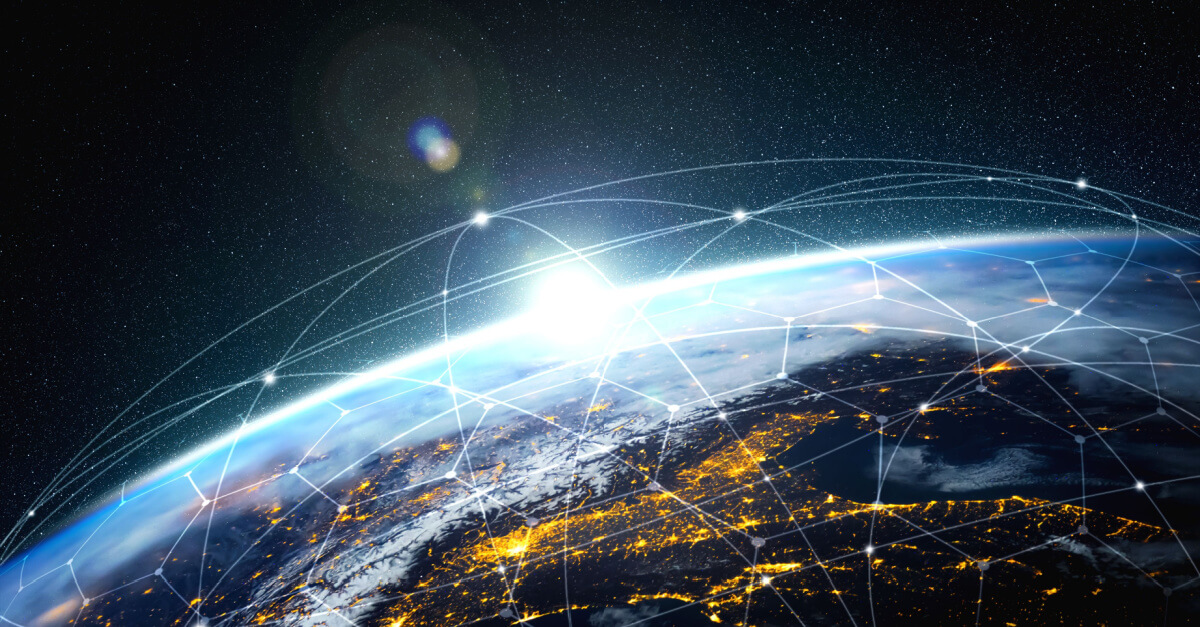 Conexão de rede global que cobre a Terra com linhas de percepção inovadoras. Conceito de conexão digital sem fio 5G e futuro na Internet das coisas. Ilustração em 3D.
