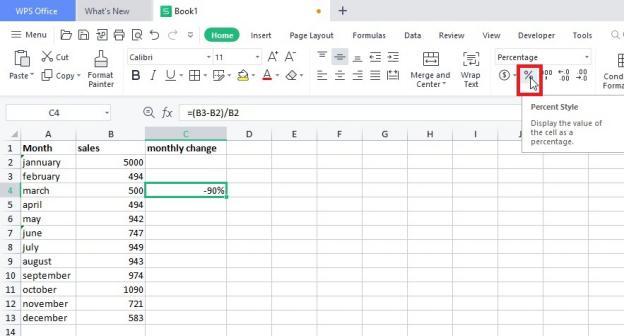 percentage button in excel