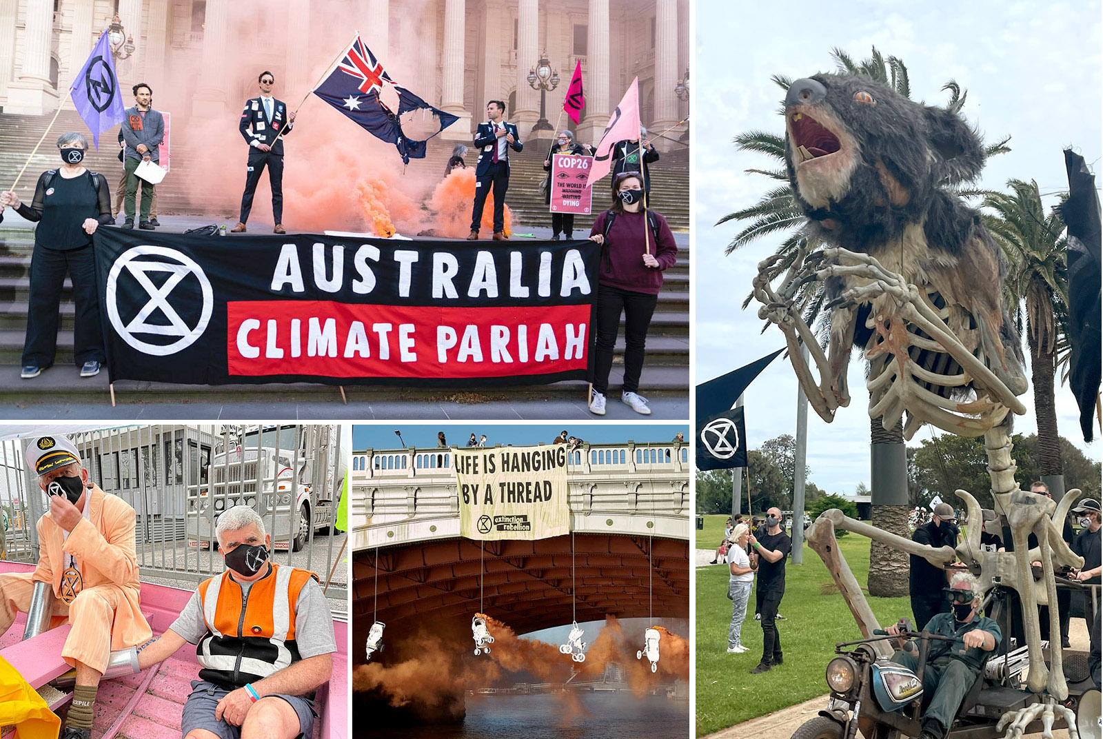 Rebels hold flags and let off smoke outside parliament, 2 older rebels sit in a pink boat outside Exxon, prams hang from the bridge and let off smoke, Blinky the koala is huge, half skeleton, and attached to a small vehicle driven by a rebel.