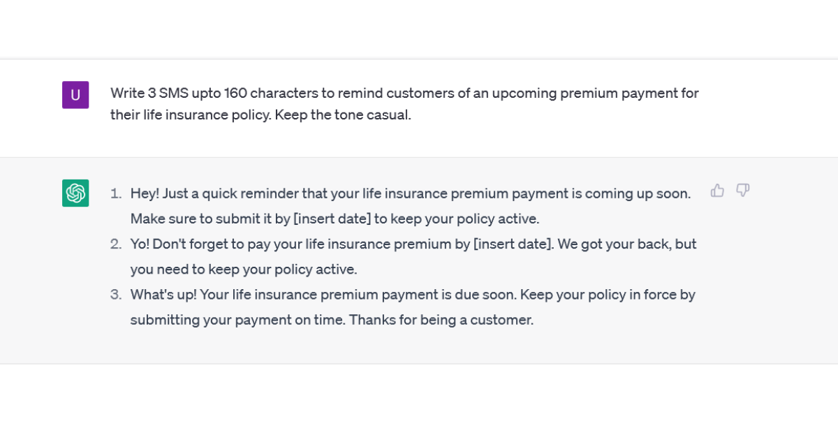 chatgpt prompt and response to generate sms to remind customers for upcoming premium payments