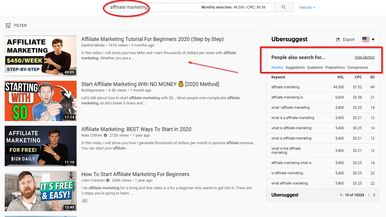 Use the ubersuggest chrome extension within youtube to get keywords insights like search volume and CPC