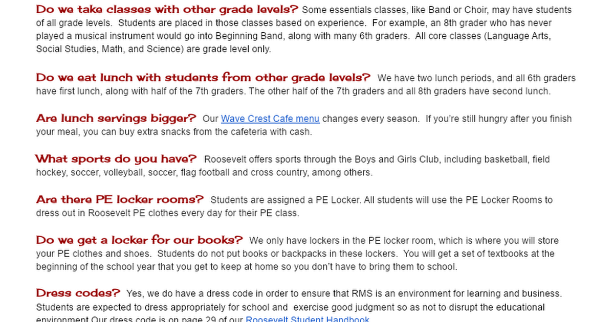 FAQ - Transition from Elementary to Roosevelt Middle School