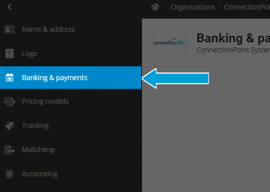 Screenshot of the organization settings menu. The third option from the top (Banking & Payments) is highlighted with a blue arrow pointing to it