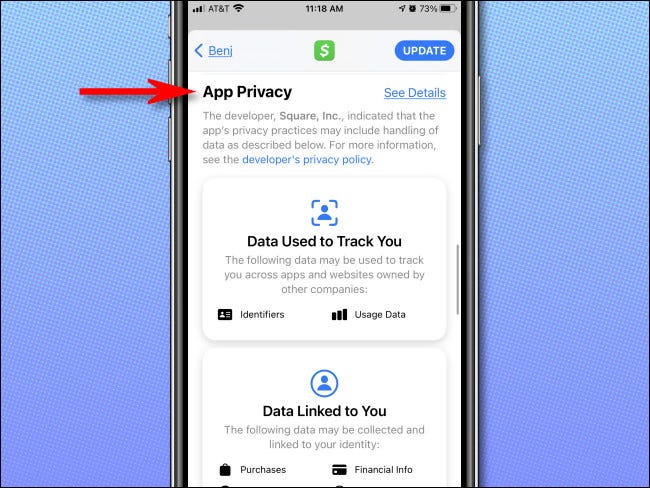 The "App Privacy" section on an app's App Store listing on iPhone.