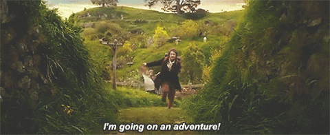 GIF of Bilbo Baggins running on the field saying 'I'm going on an adventure'