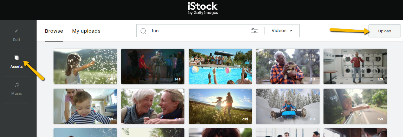 Screenshot on how to upload video assets to iStock Editor. 