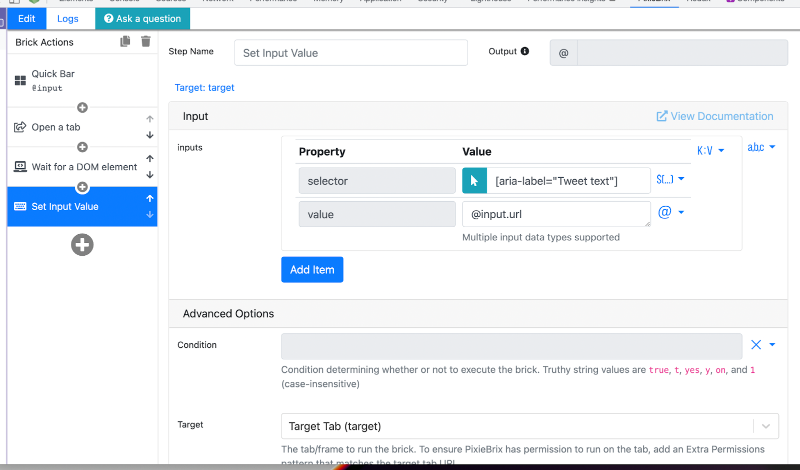 Configuring inputs and advanced options in PixieBrix.