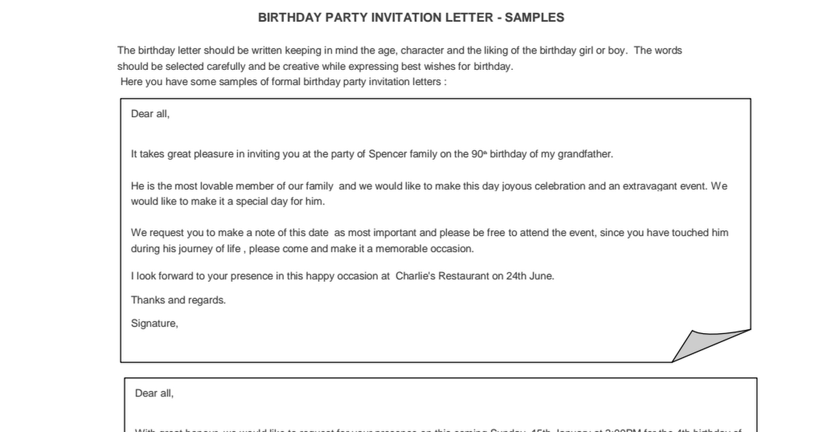 Formal Birthday Party Invitation Letter Pdf Google Drive