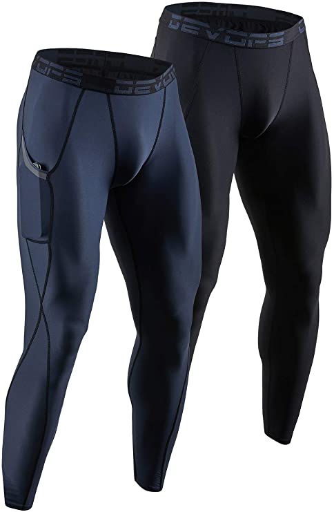 DEVOPS 2 Pack Men's Compression Pants Athletic Leggings with Pocket/Non-Pocket