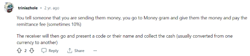 A person on Reddit explains how simple the MoneyGram transfer process is. 