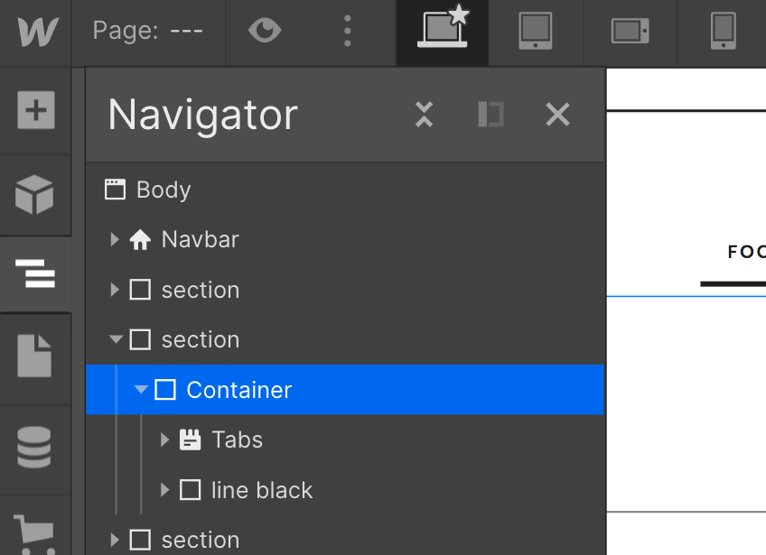 webflow navigator tool used for managing elements from Figma to Webflow