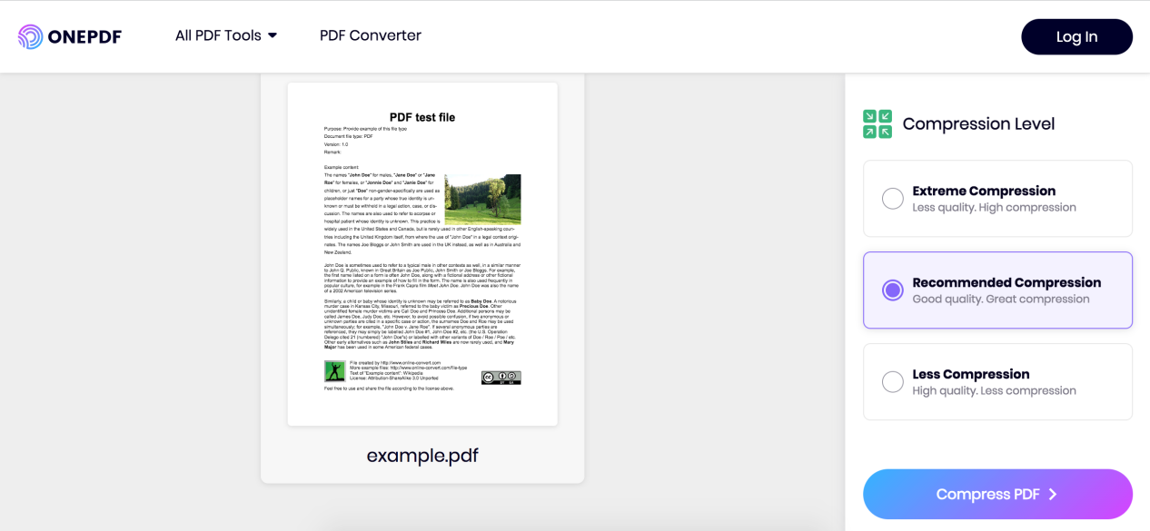 ONEPDF Compresses PDF Online