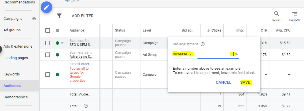 updating custom bid adjustment for customer audiences in Google Ads campaign