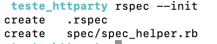 Esta imagem mostra a saída padrão quando usamos o comando rspec --init: foram criados 2 arquivos, o .rspec na pasta raiz e o spec_helper.rb dentro da pasta spec.