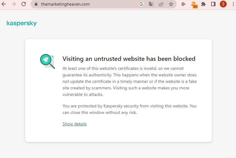 visiting an untrusted website has been blocked.