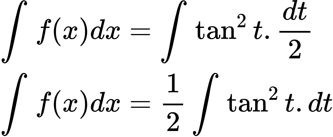 {"code":"\\begin{align*}\n{\\int_{}^{}f\\left(x\\right)dx}&={\\int_{}^{}\\tan^{2}t.\\frac{dt}{2}}\\\\\n{\\int_{}^{}f\\left(x\\right)dx}&={\\frac{1}{2}\\int_{}^{}\\tan^{2}t.dt}\t\n\\end{align*}","font":{"color":"#000000","family":"Arial","size":10},"id":"2-1-0-1-1-1-1-1-1-1-1-1-1-1-1-1-1-1-2-1-1-1-0-0","type":"align*","ts":1600167660131,"cs":"AUQhOvEVAUL6U1fzB5Qv+Q==","size":{"width":184,"height":76}}