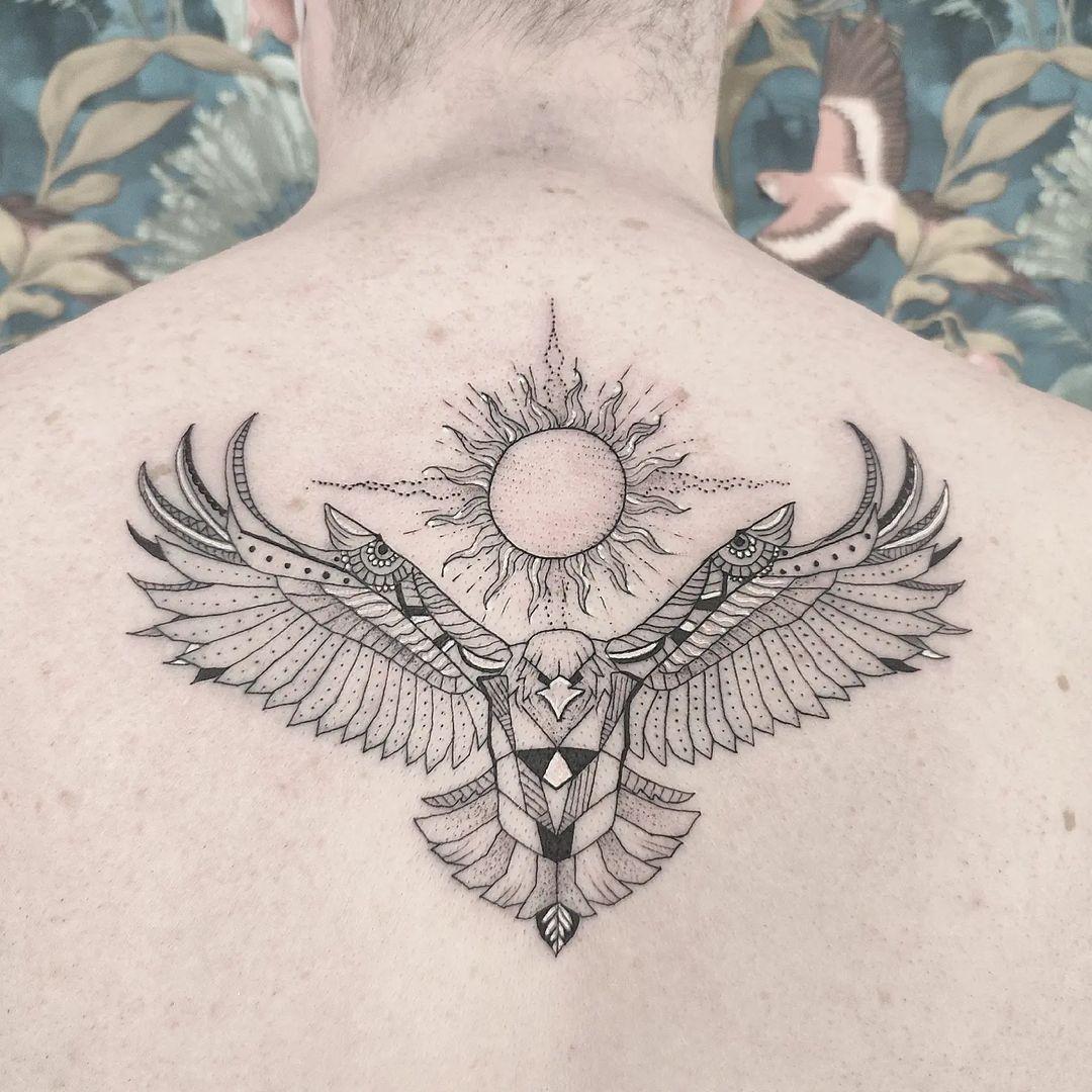 Artistic Sun And Eagle Back Tattoo 