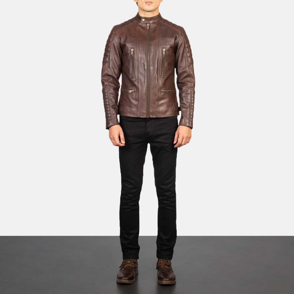 Model in Damian Brown Leather Jacket. 