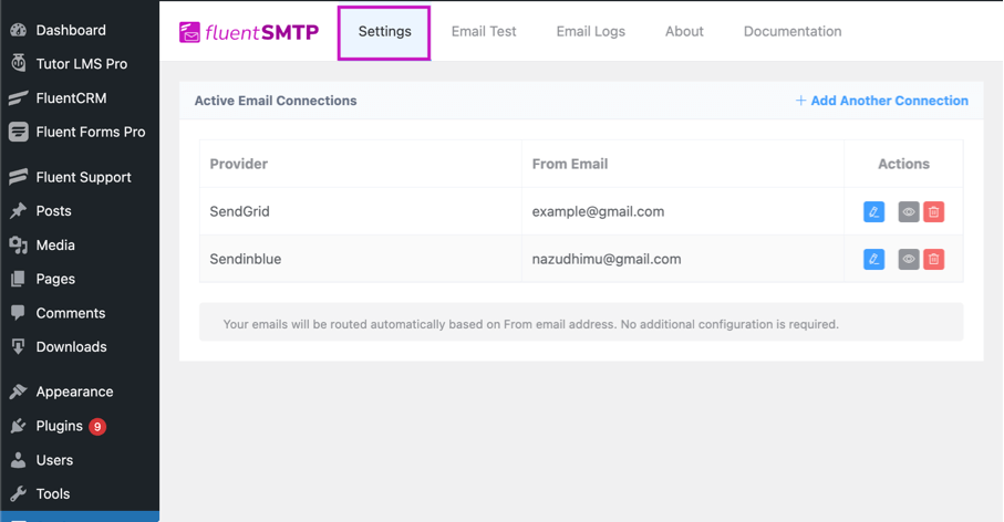 Fluent SMTP setup 
