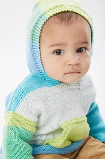 baby wearing striped hoodie with hood up