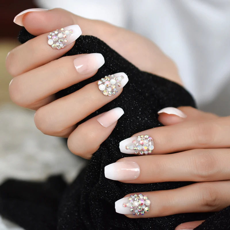 French Manicure with Rhinestones