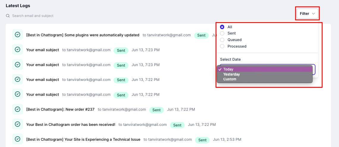 Filtering the InboxWP email log